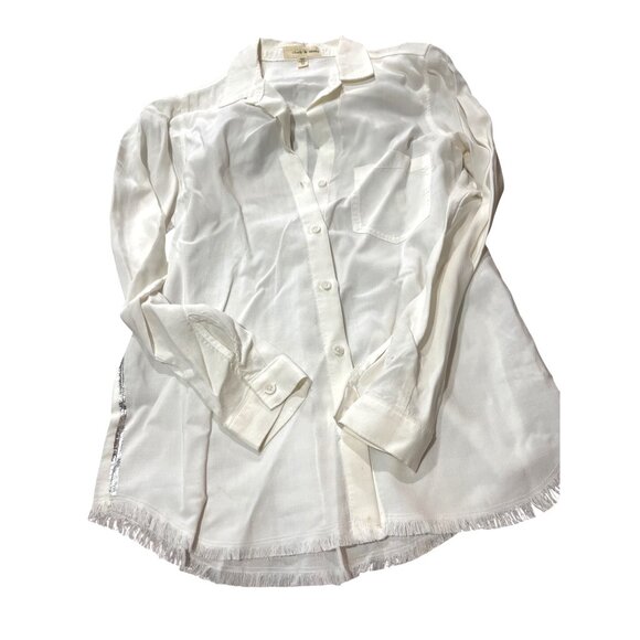 Cloth & Stone XS White Tencel Button-Down Shirt W/ Frayed Hem & Pocket - Picture 7 of 12